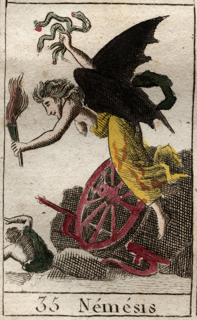 Representación de Némesis, diosa de la Venganza, representada como una mujer alada sosteniendo una antorcha, y serpientes, rueda y timón indican que perseguían a sus víctimas por mar y tierra. De “Mitología de la juventud” por Pierre Blanchard 1803 de French School