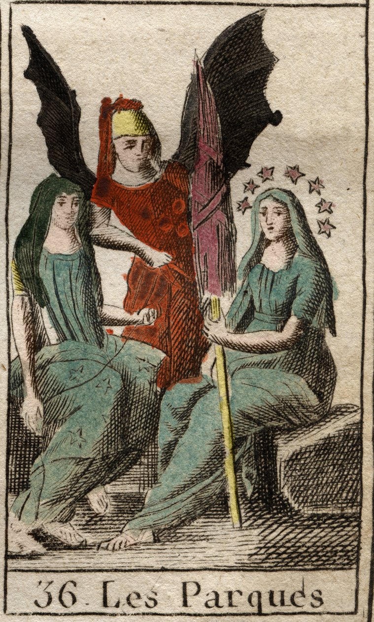 Representación de las Parcas, Cloto, Láquesis y Átropos, deidades del destino humano, desde el nacimiento hasta la muerte, como mujeres muy ancianas hilando. De “Mitología de la Juventud” de Pierre Blanchard 1803. de French School