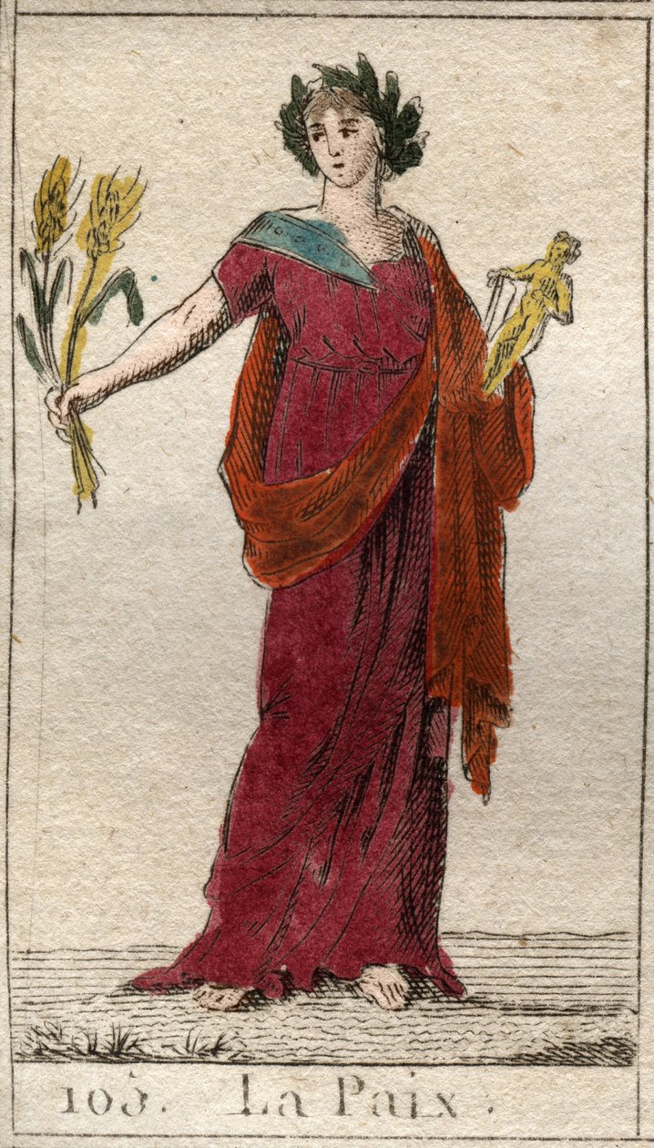 Representación de la Paz, como una mujer coronada con laureles, sosteniendo una gavilla. De “Mitología de la juventud” por Pierre Blanchard 1803 de French School