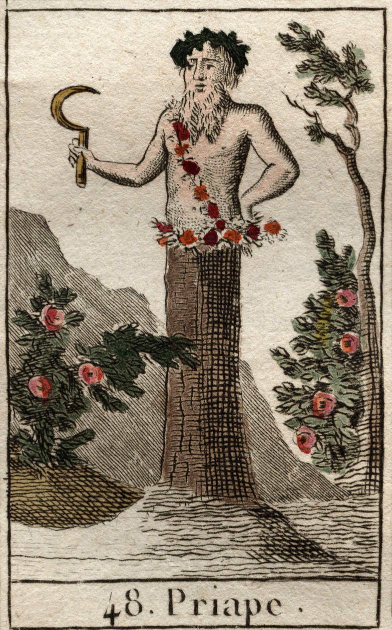 Representación de Príapo, dios de la fertilidad rústica, a menudo representado con un pene permanentemente erecto, sosteniendo una hoz. De “Mitología de la Juventud” por Pierre Blanchard 1803. de French School