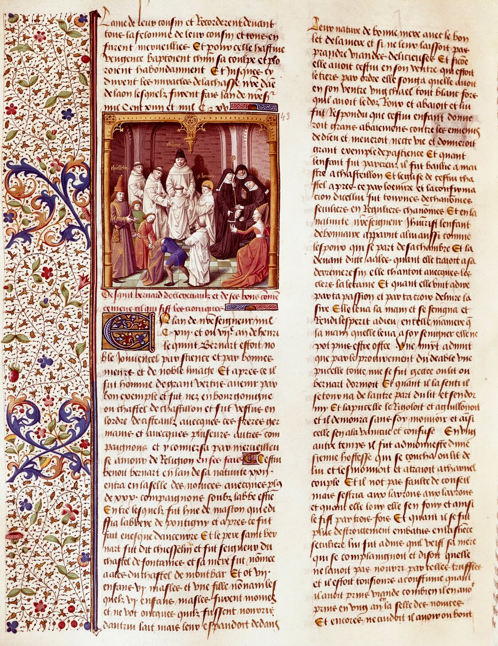Representación del niño San Bernardo de Claraval (1090-1153). Está en el centro del cuadro, con una aureola sobre la cabeza. Miniatura en "Le miroir historial" (Speculum Historiale) (ms. 1196, fol. 372) de Vincent de Beauva de French School