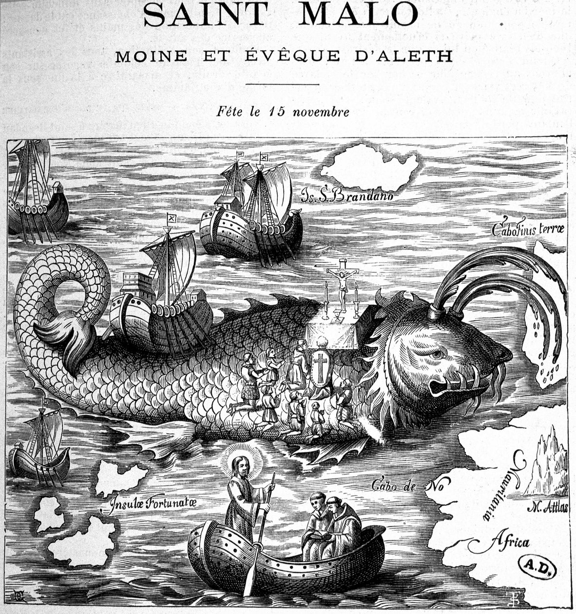 Representación de Saint Malo (San Maclou) en la espalda de una ballena representada al estilo de Saint Brendan (Brandan) por Clonfert o Breanainn por Clonfert (ca. 484-577/578) - grabado de French School