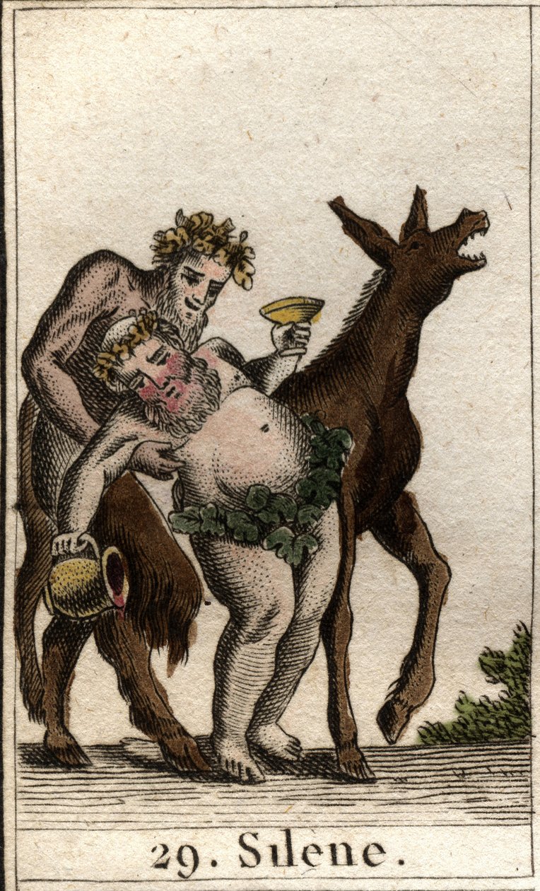 Representación de Sileno, compañero de Baco, borracho, apoyado por un sátiro. De “Mitología de la juventud” por Pierre Blanchard 1803 de French School