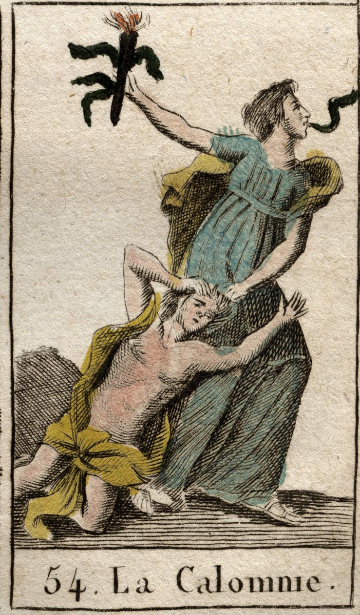 Representación de la Calumnia, hija de la Envidia, arrastrándola por el cabello, con una serpiente saliendo de su boca. De “Mitología de la Juventud” por Pierre Blanchard 1803. de French School