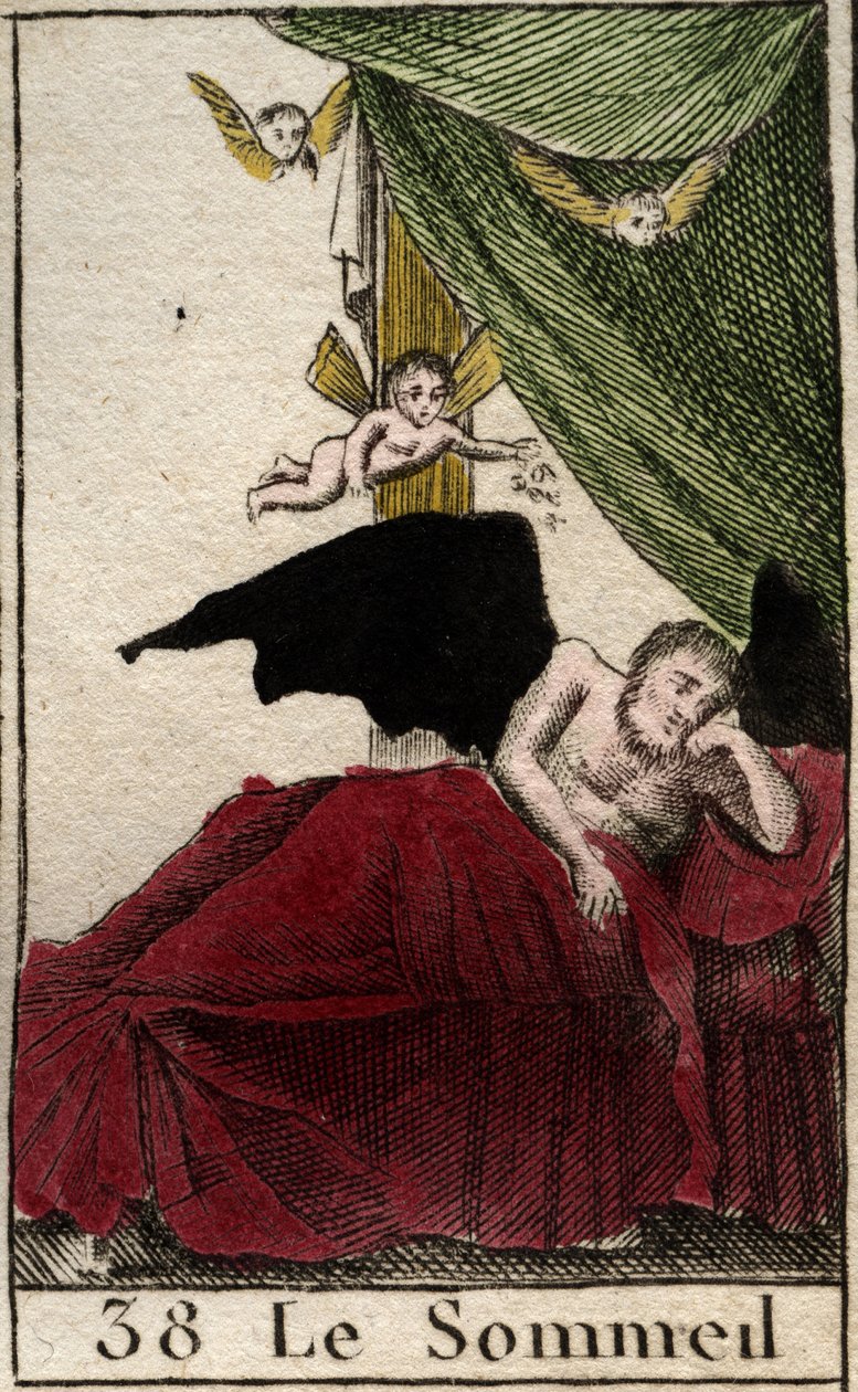 Representación del Sueño, descansando eternamente en un palacio, cerca de las alas de los sueños. De “Mitología de la juventud” por Pierre Blanchard 1803 de French School