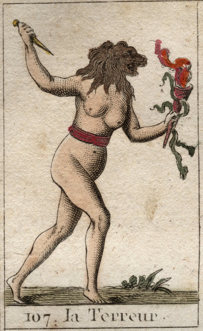 Representación del Terror, como una mujer con cabeza de león, sosteniendo un cuchillo y serpientes. De “Mitología de la juventud” por Pierre Blanchard 1803 de French School