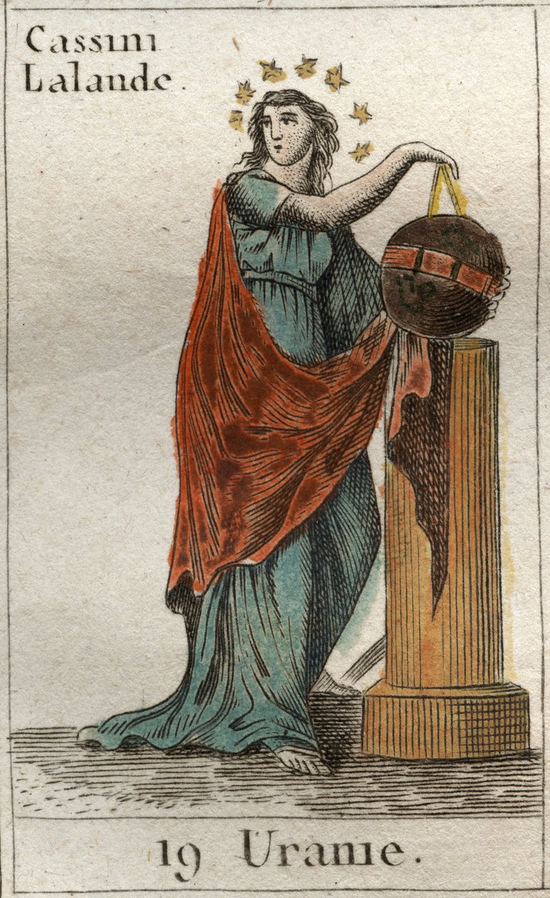 Representación de Urania, musa de la astronomía y la astrología, sostiene un globo y un compás. De 
