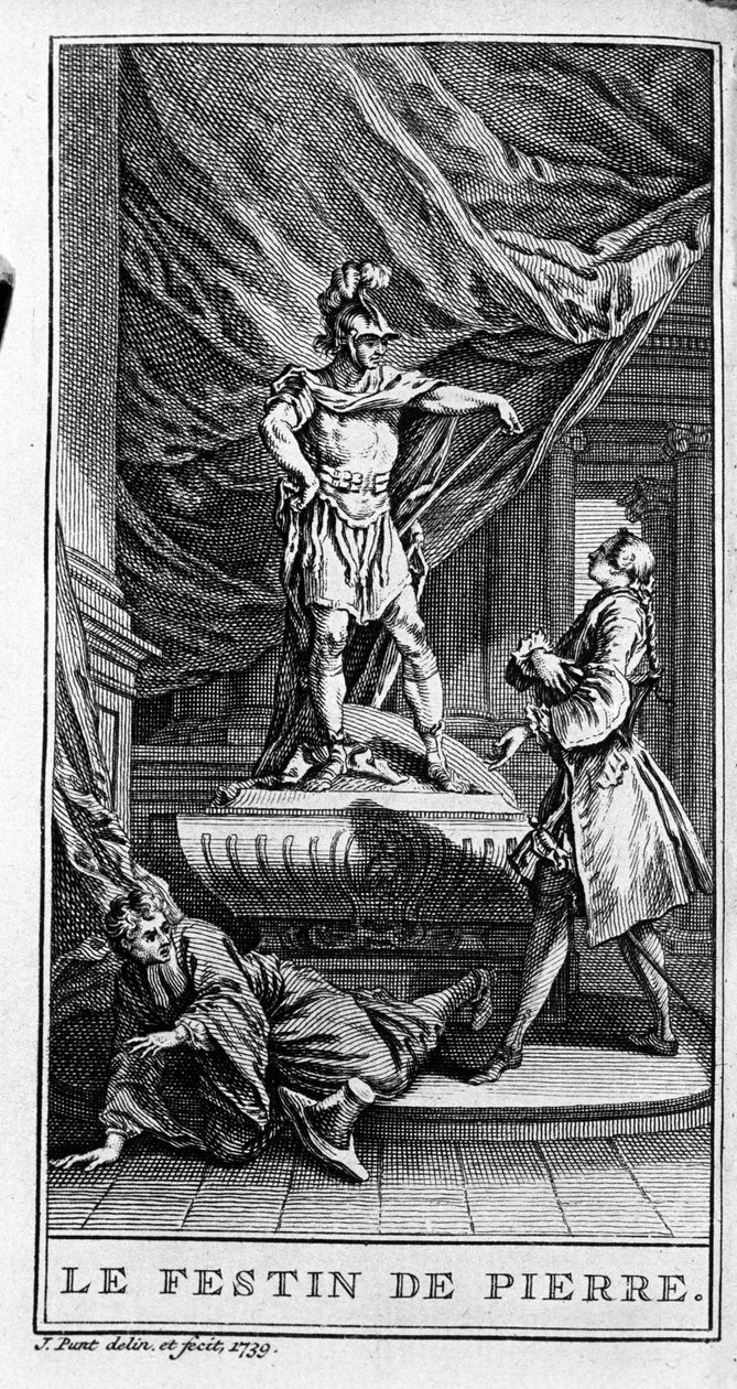 Representación de una escena de la obra "Dom juan ou le fen de Pierre" (1665) de Jean Baptiste Poquelin dit Moliere (1622-1673). Grabado de 1739. de French School