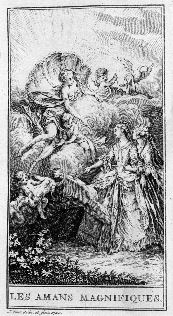 Representación de una escena de la obra "Los amantes magníficos" (1670) de Jean Baptiste Poquelin dit Moliere (1622-1673). Grabado de 1740. de French School