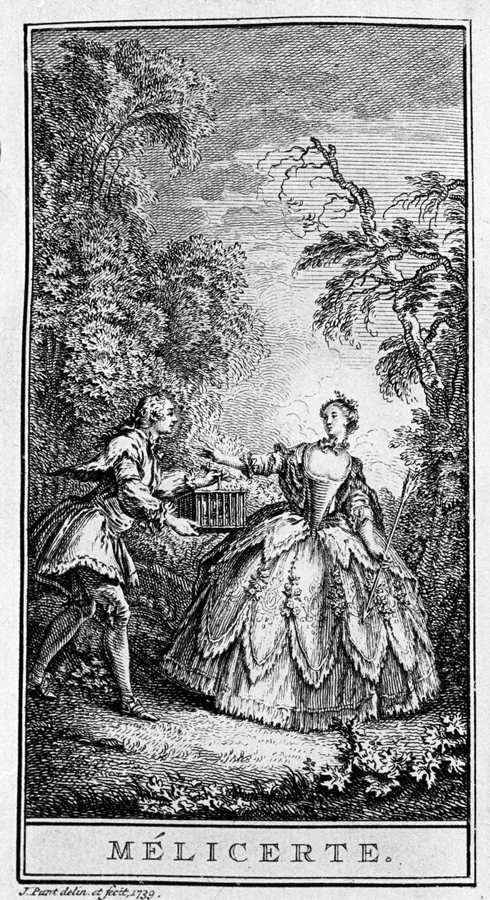 Representación de una escena de la obra “Melicerte” (1666) de Jean Baptiste Poquelin dit Molière (1622-1673). Grabado de 1739. de French School