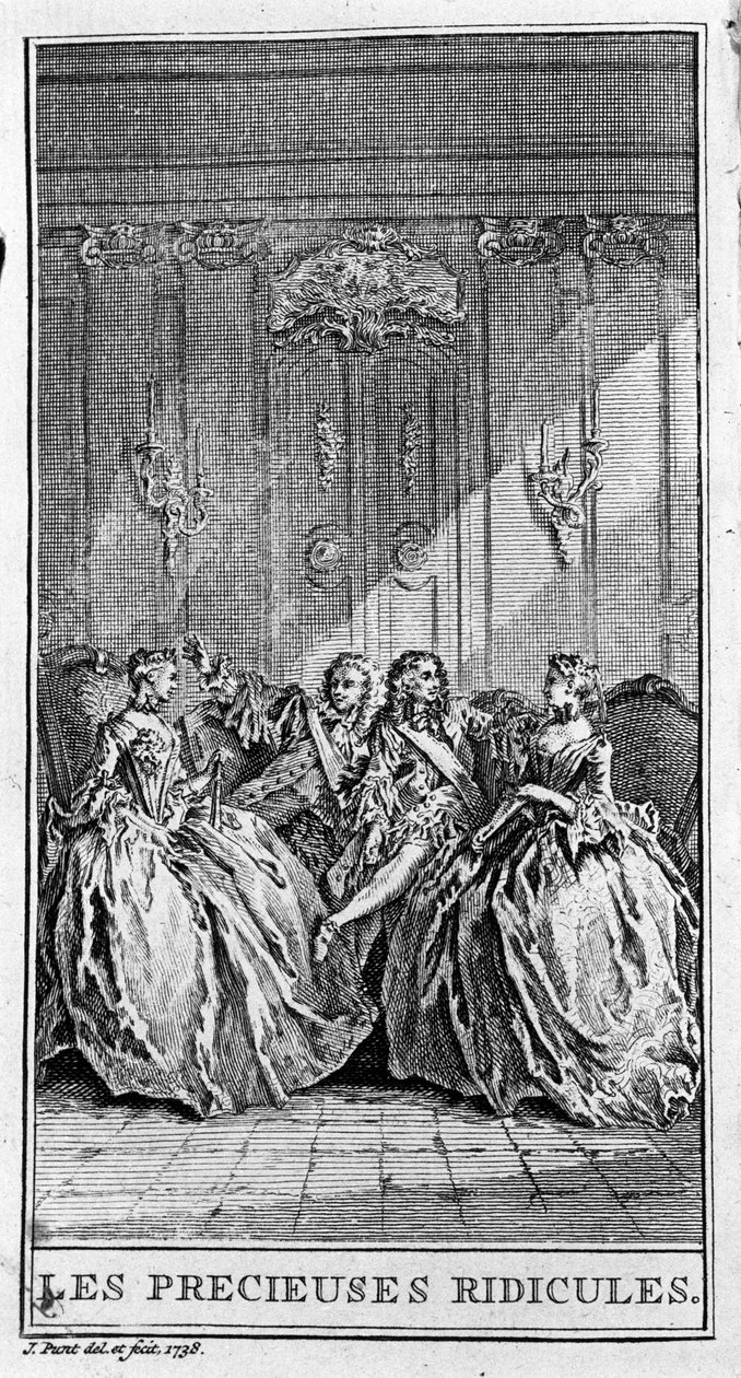 Representación de una escena de la obra "Las preciosas ridículas" (1659) de Jean Baptiste Poquelin dit Moliere (1622-1673). Grabado de 1738. de French School