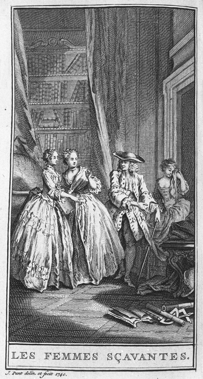 Representación de una escena de la obra "Las mujeres sabias" (1672) de Jean Baptiste Poquelin dit Moliere (1622-1673). Grabado de 1740. de French School