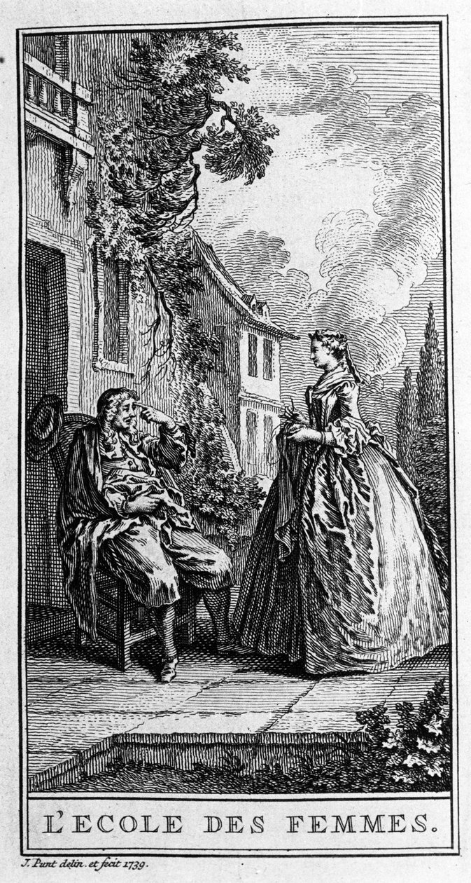 Representación de una escena de la obra "La escuela de mujeres" (1662) de Jean Baptiste Poquelin dit Moliere (1622-1673). Grabado de 1739. de French School