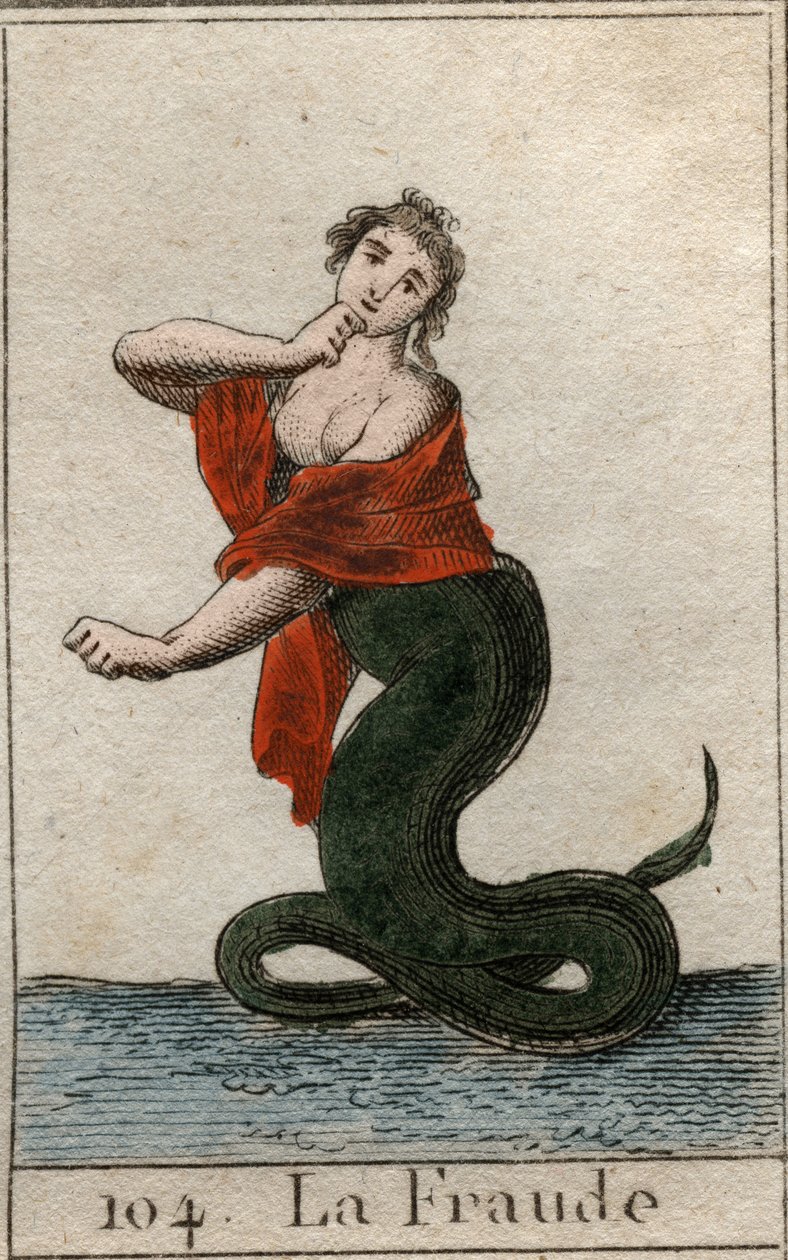 Representación del engaño (deshonestidad), como una serpiente peligrosa con una cabeza sonriente de mujer. De “Mitología de la Juventud” de Pierre Blanchard 1803. de French School