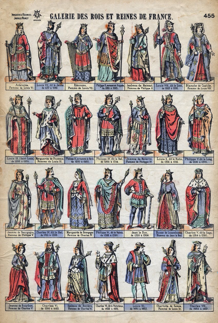 Representación de reyes y reinas de Francia de la dinastía de los Capetos (de Luis VII a Carlos VIII). Ilustración de finales del siglo XIX de French School