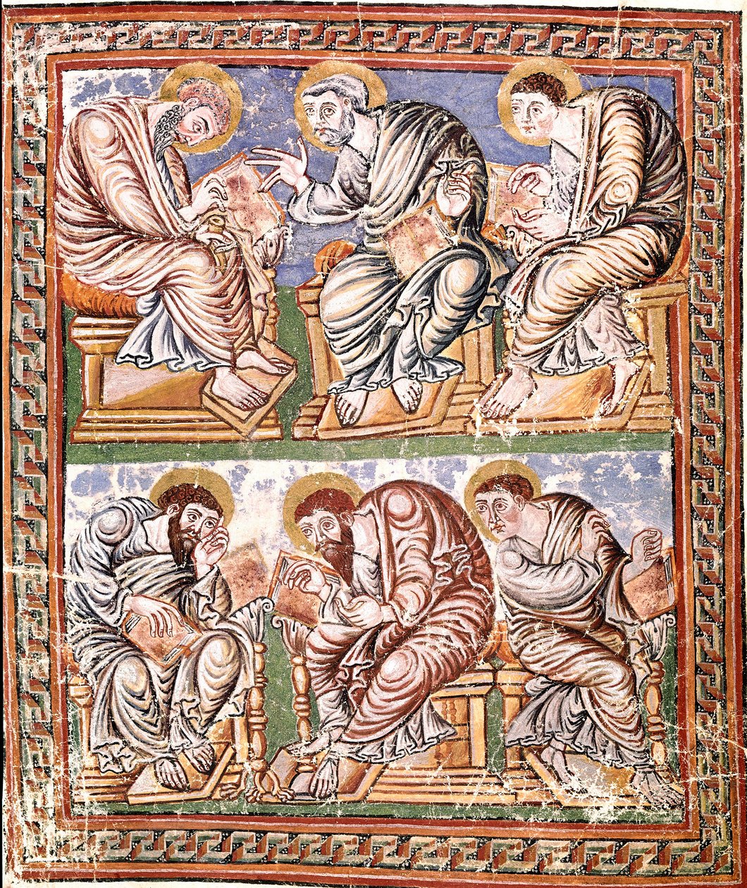 Representación de seis apotres carolingios en miniatura de la escuela de Reims extraídos de la "Collectio Canon Hadriana" (Ms A-5 f. 14 v) (probable colección de decretales redibujadas por Incmar de Reims) Finales del siglo IX Biblioteca Vallicelliana Roma de French School