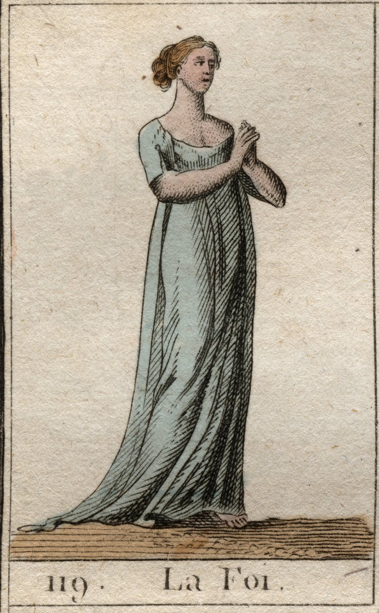 Representación de la Fe, mujer vestida de blanco con las manos unidas. De "Mitología de la Juventud" por Pierre Blanchard 1803 de French School