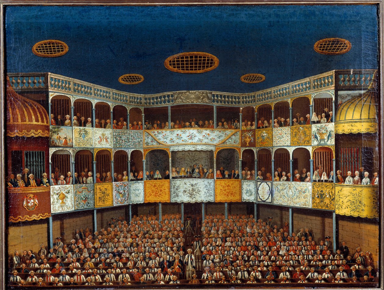 Representación del "Enfermo Imaginario" de Jean Baptiste Poquelin dit Moliere (1622-1673) en el Teatro Minorca en España; vista del salón y la audiencia. Pintura del siglo XVIII. París, Artes Decorativas de French School