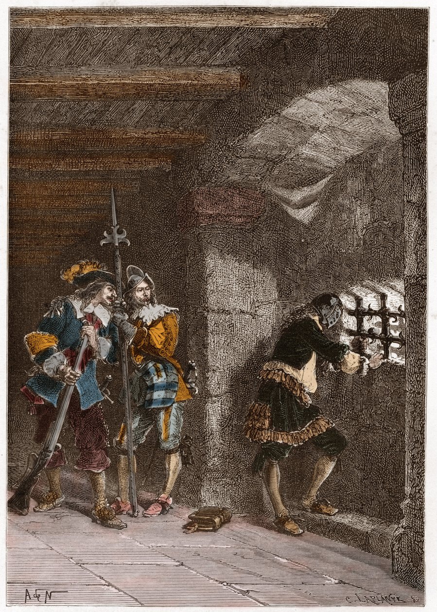 Representación de la máscara de hierro (muerto en 1703) encarcelado en la isla de Sainte Marguerite de French School