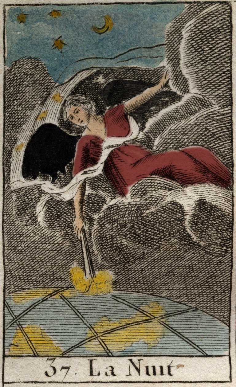 Representación de la Noche (Nyx), diosa de la Oscuridad. De "Mitología de la Juventud" de Pierre Blanchard 1803. de French School