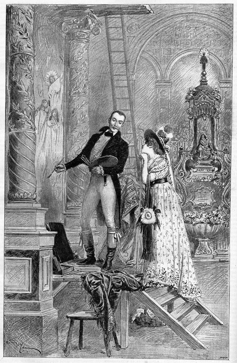Representación de la Tosca, drama de Victorian Sardou en el Teatro de la Porte Saint Martin en 1887. Aquí Acto 1, la Iglesia de San Andrea con Dumeny y Henriette Rosine Bernard llamada Sarah Bernhardt (1844-1923) de French School