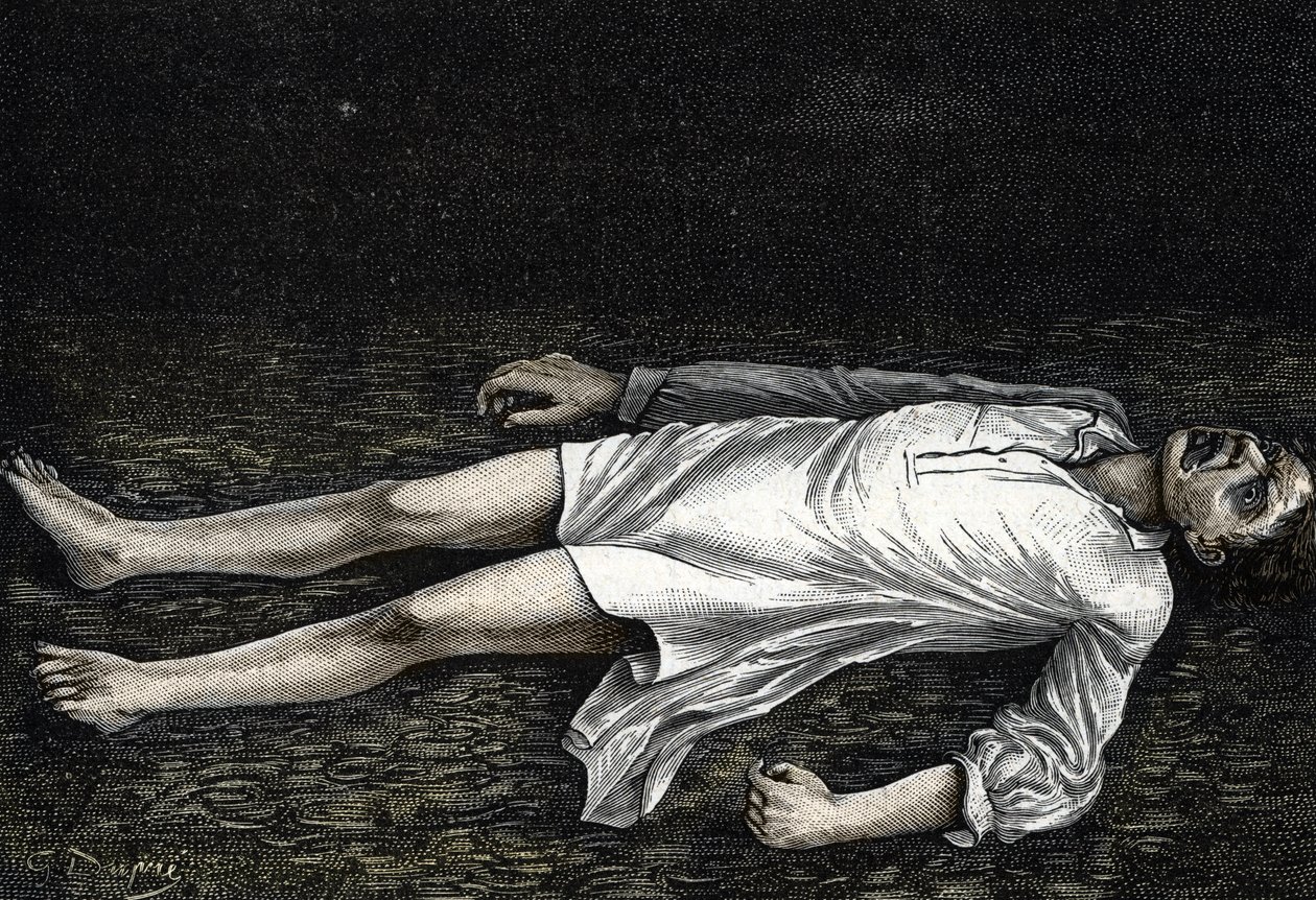 Representación de la actitud de un hombre durante un ataque de gran crisis epiléptica (grabado) de French School