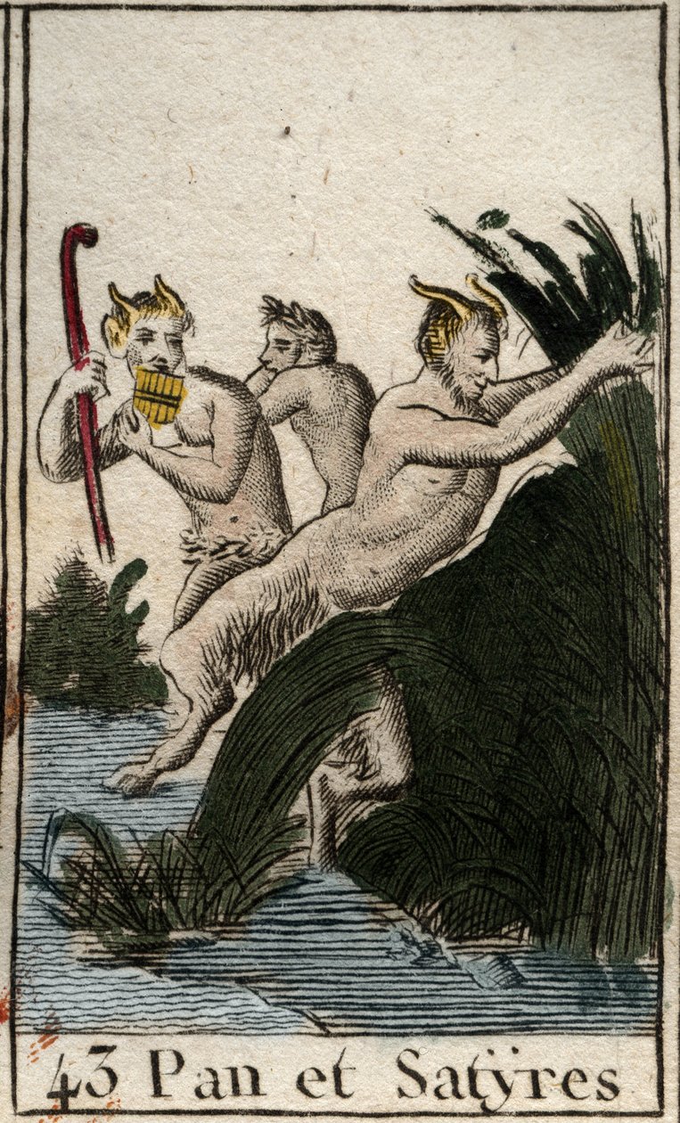 Representación del dios campesino Pan y sátiros. Tiene muslos peludos, pies de cabra y toca la flauta (Syrinx) con varias pipas. De 