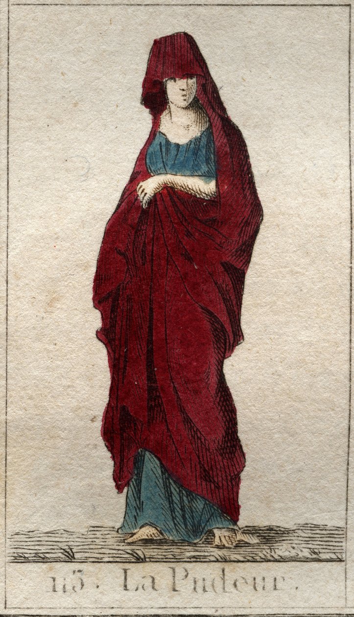 Representación de la deidad de la Modestia, una joven con el rostro cubierto con un velo. De 