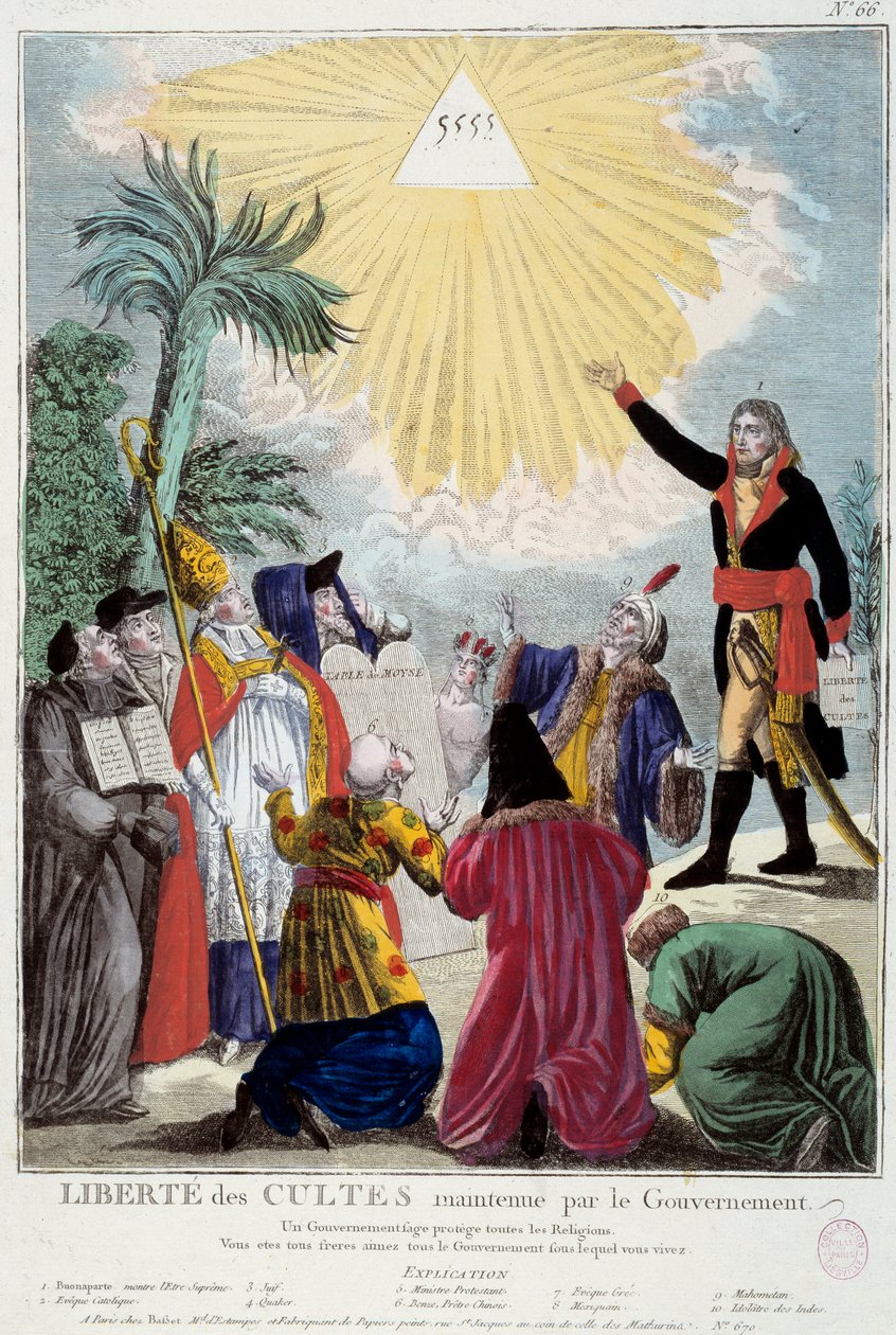 Representación de la libertad de culto de todas las religiones mantenida por Napoleón Bonaparte (1769-1821): el primer Cónsul indica el triángulo de la Trinidad simbolizando a Dios llegando por los representantes de cada religión: obispo católico, un judío de French School