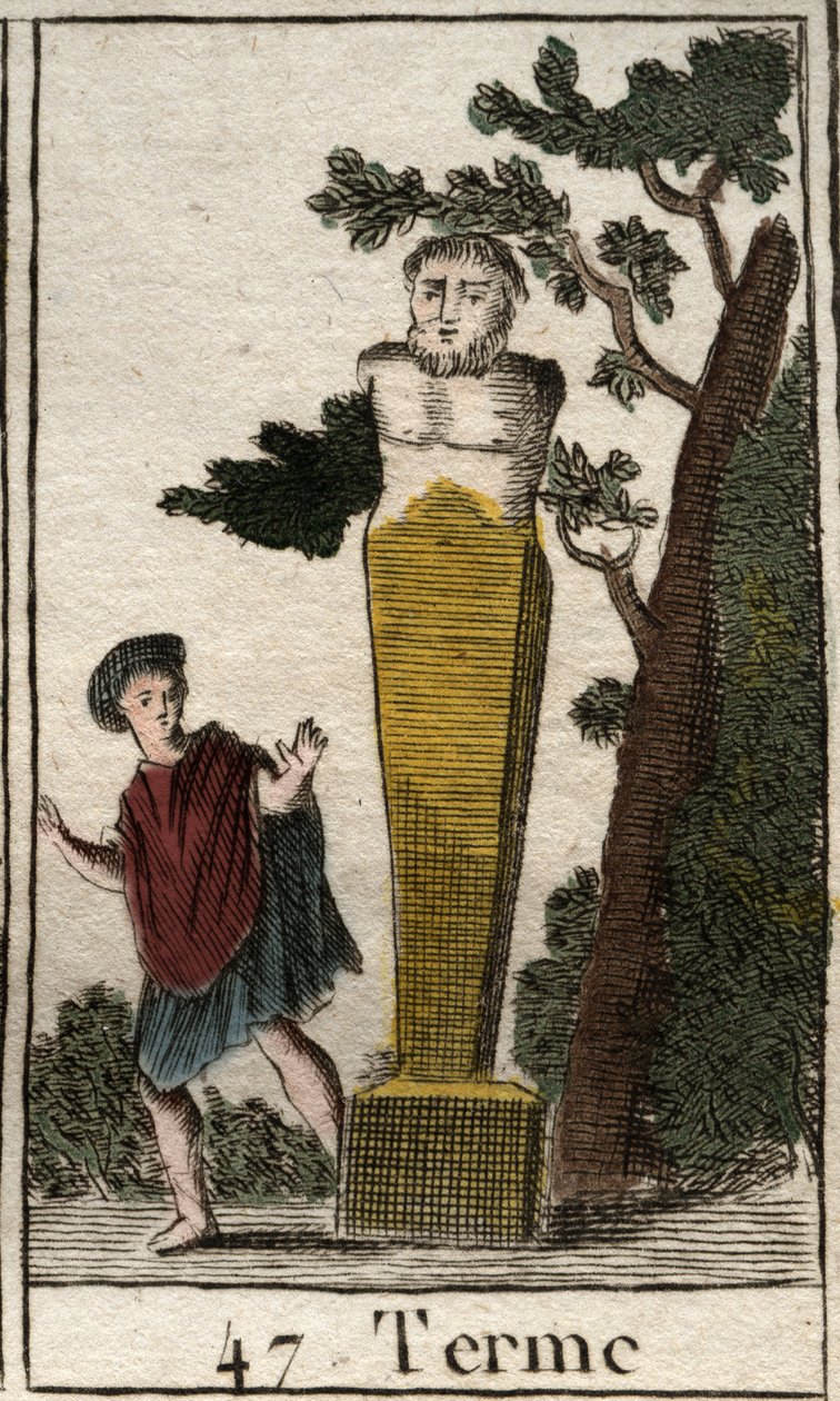 Representación del dios Término, en forma de terminal, para marcar posesiones y tierras. De “Mitología de la juventud” por Pierre Blanchard 1803. de French School