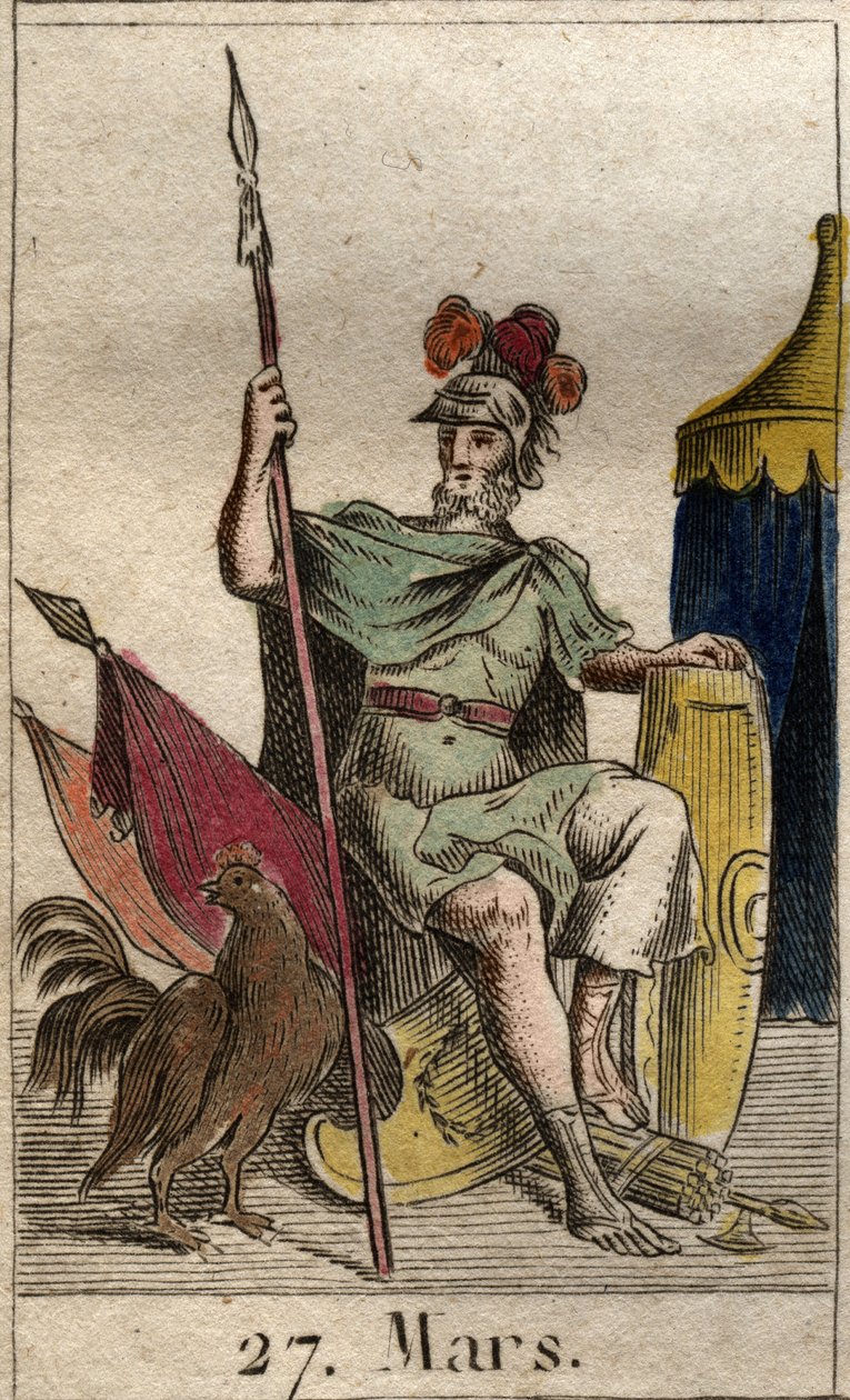 Representación del dios de la guerra Marte, armado, cerca de un gallo. De “Mitología de la juventud” por Pierre Blanchard 1803. de French School