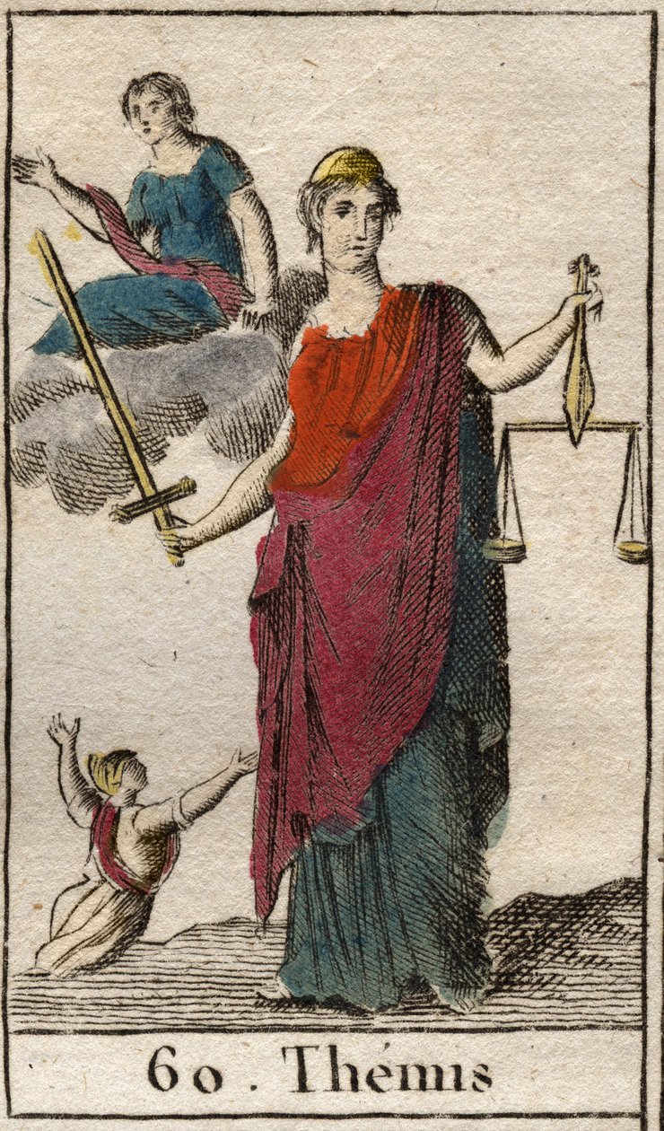 Representación de la diosa de la Justicia y la Ley, Temis, sosteniendo una balanza y una espada. De "Mitología de la Juventud" de Pierre Blanchard 1803. de French School