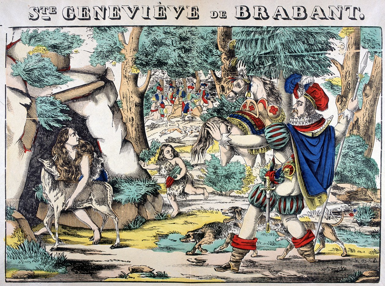 Representación de la leyenda de Santa Genoveva de Brabante. Escena del encuentro entre Genoveva abandonada en el bosque y su esposo. Imagen de Epinal de French School
