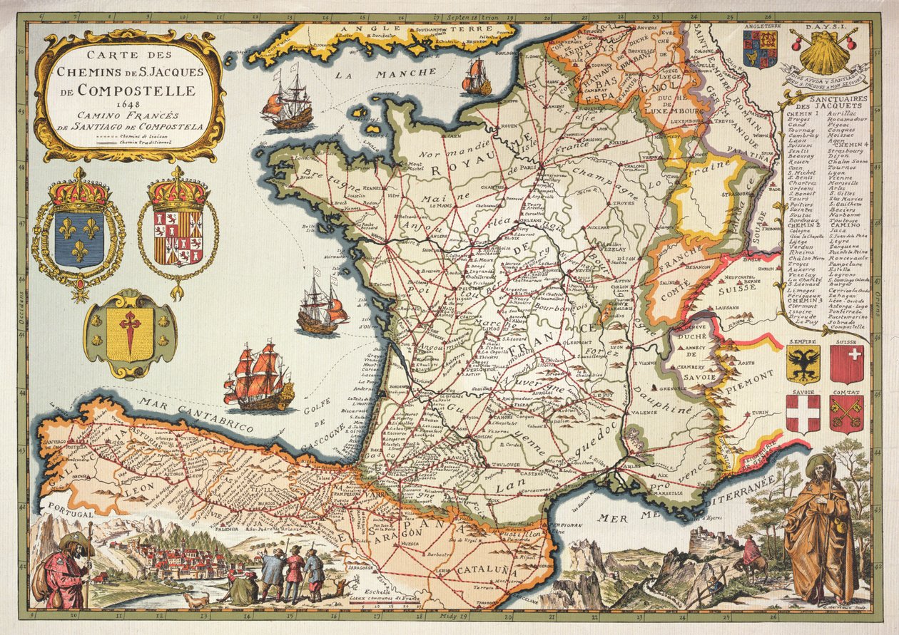 Reproducción del mapa de las rutas de Santiago de Compostela, originalmente grabado por D.Serveaux 1648 de French School