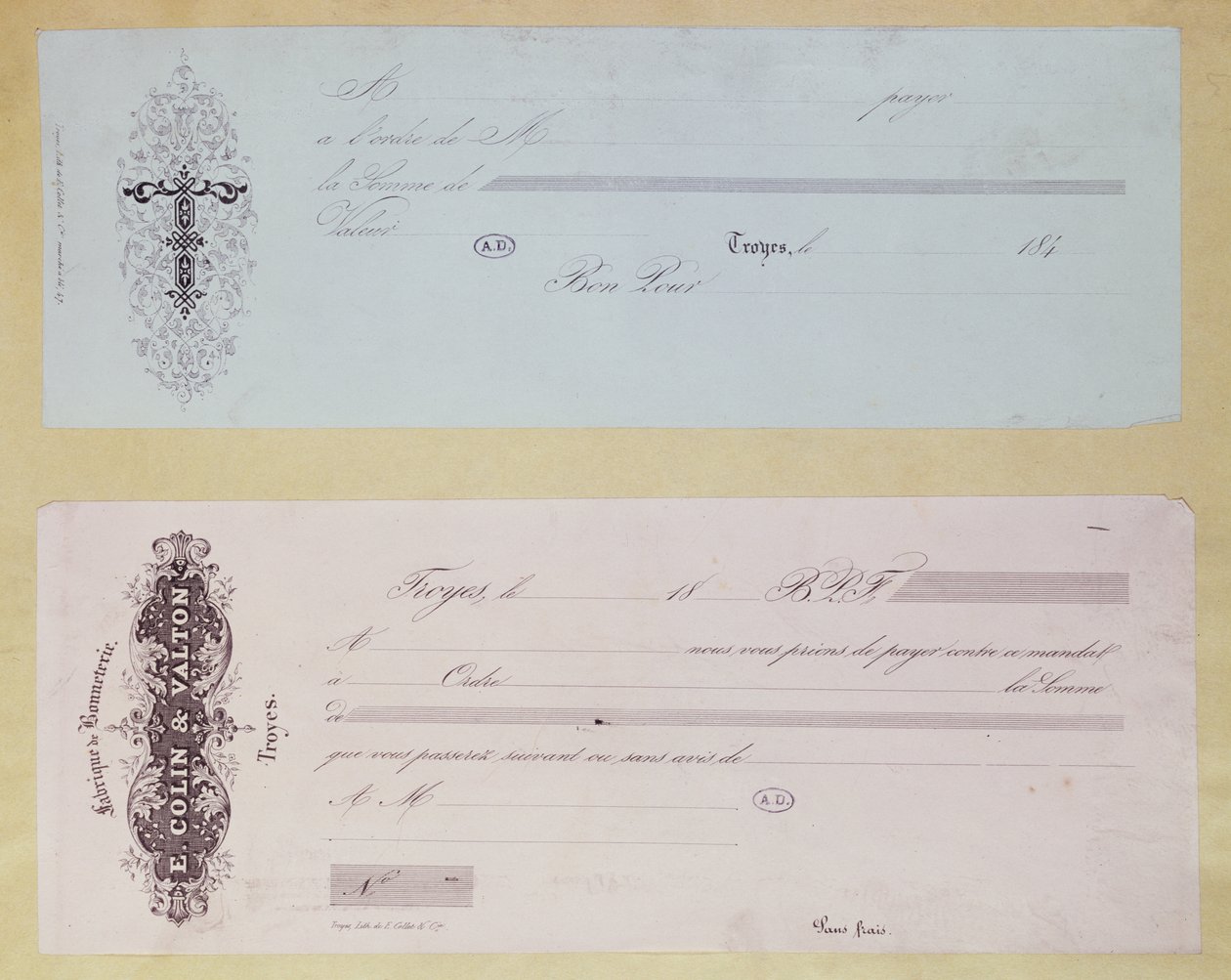 Solicitudes de pago, emitidas en Troyes en la década de 1840 de French School