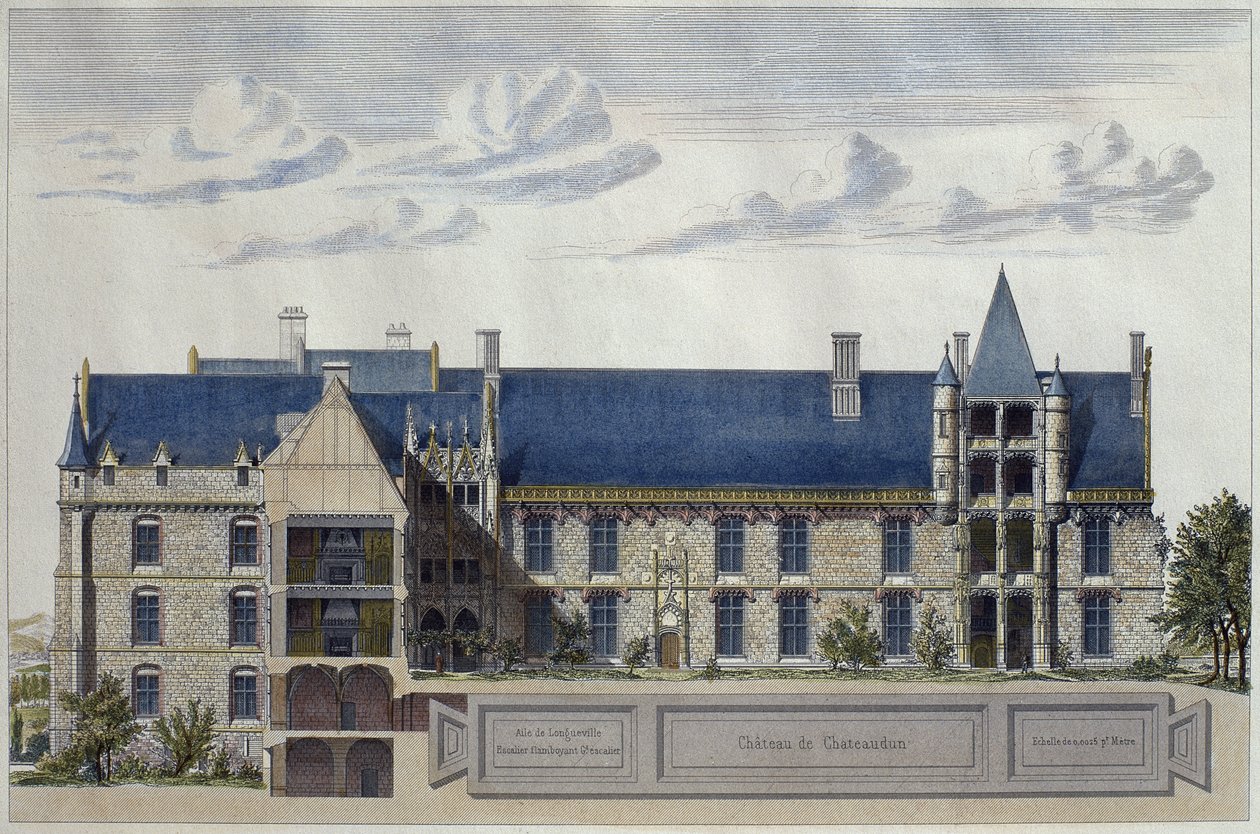 Restauración del Chateau de Chateaudun, ilustración de Le Moniteur des architectes, grabado por H. Penel de French School