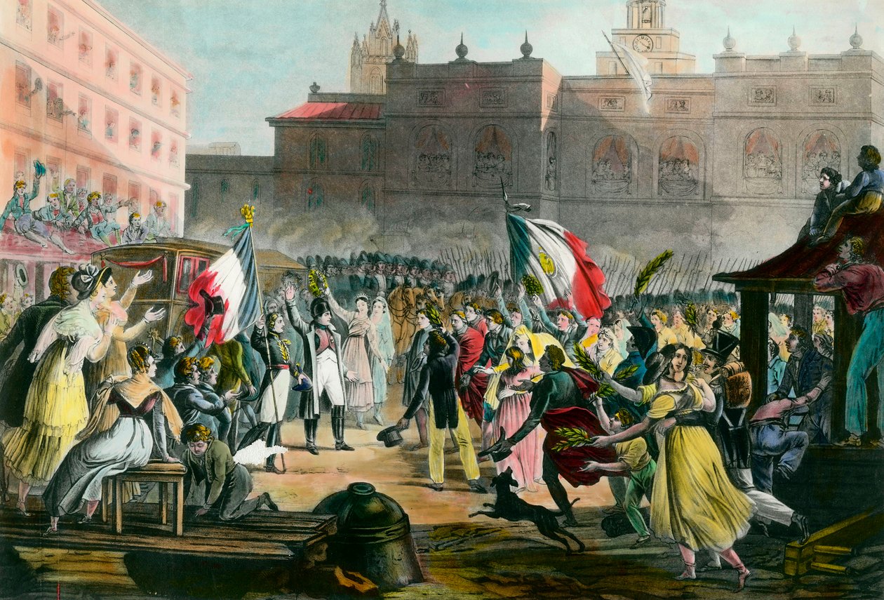 Regreso de Napoleón Bonaparte (1769-1821) de la Isla de Elba a Grenoble en marzo de 1815. Grabado alrededor de 1815 de French School