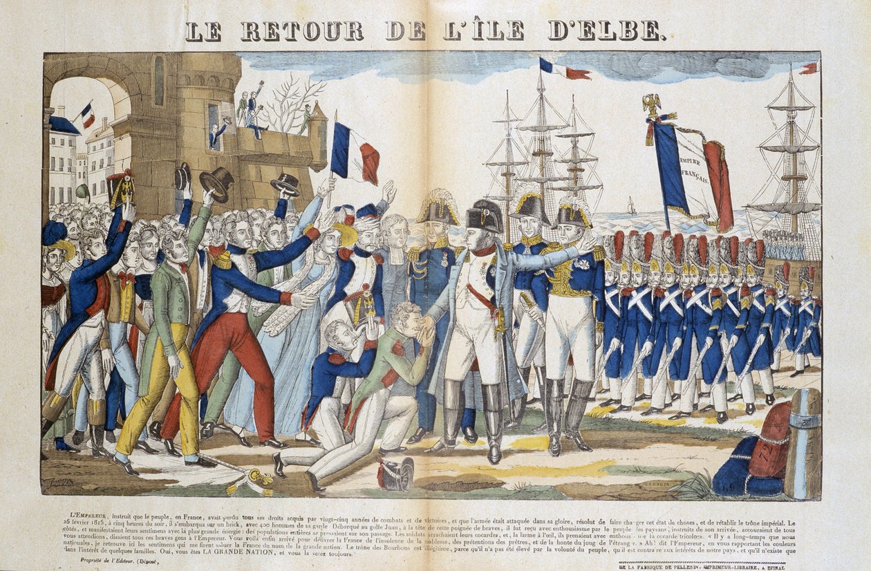 Retorno de Napoleón Bonaparte (1769-1821) de su exilio en la Isla de Elba en 1815. Imagen de Epinal de French School
