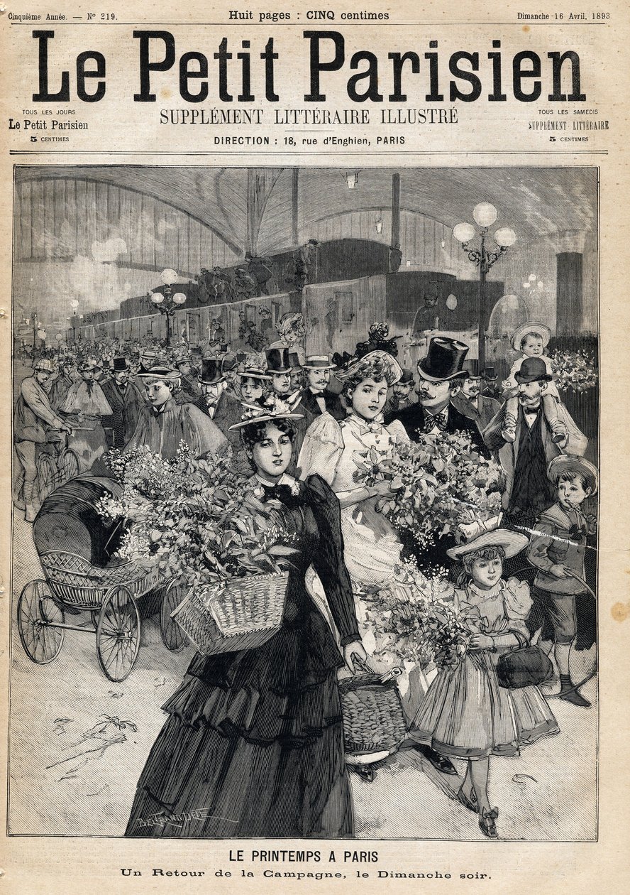 Regreso del campo en una tarde de domingo de primavera: los viajeros salen de los trenes de una estación de París después de caminar por las orillas del Marne o las orillas del Sena. Primavera en París. Uno del periódico 
