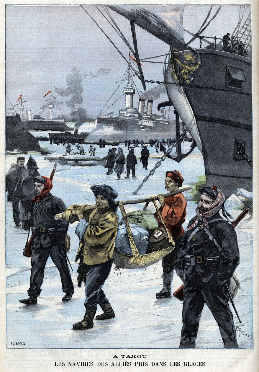 Revuelta de los Bóxers (1898-1900) los barcos de los aliados en el hielo Atakou. en "Le Petit Parisien" de French School