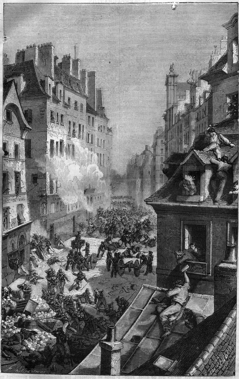 Revolución de 1830: lucha en el faubourg Saint Antoine. Grabado en “Historia de los Papas-Reyes-Reinas y Emperadores a través de los siglos” de Maurice Lachatre de French School