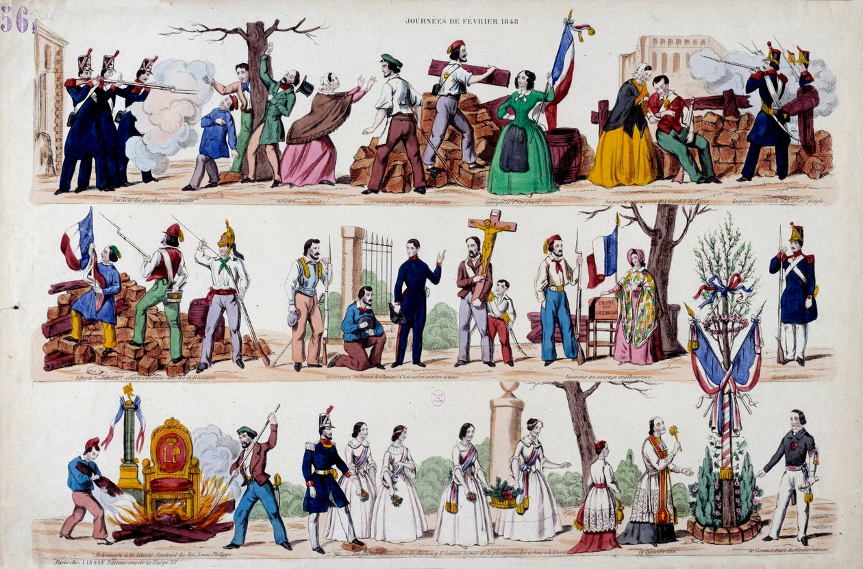Revolución de febrero de 1848: los grandes momentos del levantamiento del 23 de febrero, las barricadas, luego la fraternización entre soldados, trabajadores y burgueses, la destrucción de los símbolos del poder de Luis Felipe I de French School