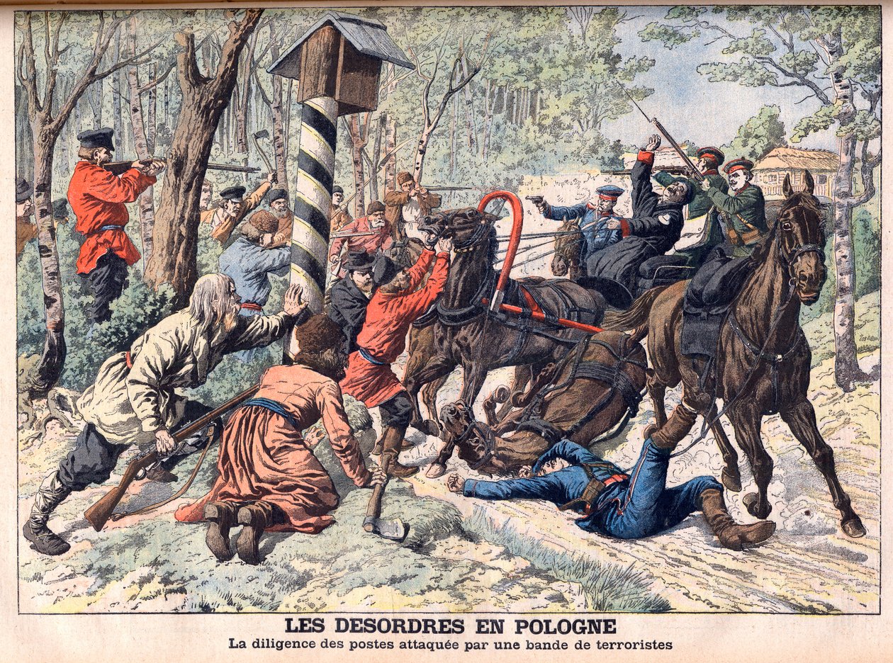 Revolucionarios en Polonia - Terroristas atacando una diligencia en Polonia. Los desórdenes en Polonia. Diligencia de correos atacada por una banda de terroristas. Ilustración para Le petit Journal. de French School