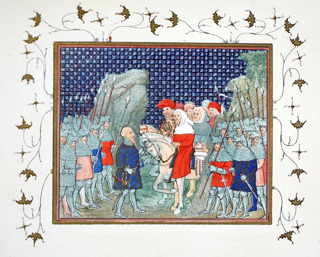 Ricardo II traicionado en Penmaur Rhos y hecho prisionero por el Duque de Northumberland, copia facsímil de Le Prinse et Mort du Roy Richart por Jean Creton, reimpreso en el siglo XIX de French School