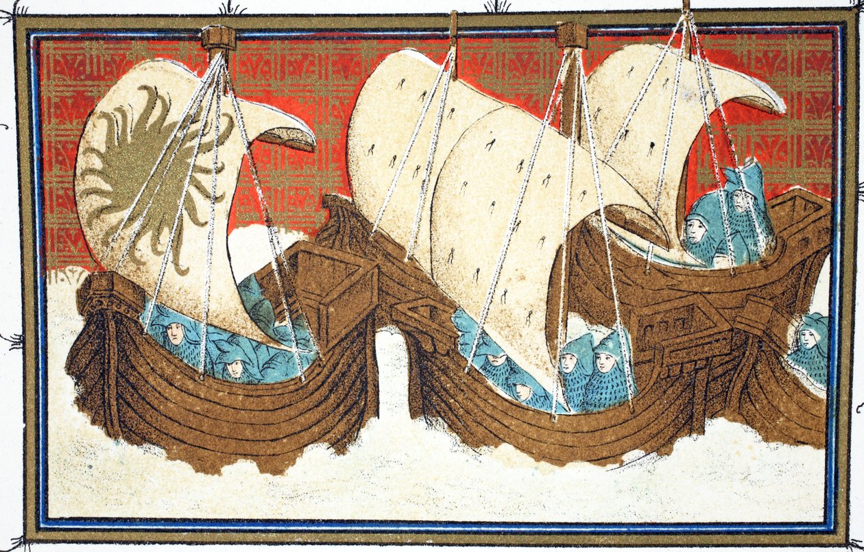 Ricardo II y su flota desembarcando en Milford Haven, copia facsímil de Le Prinse et Mort du Roy Richart por Jean Creton, reimpreso en el siglo XIX de French School