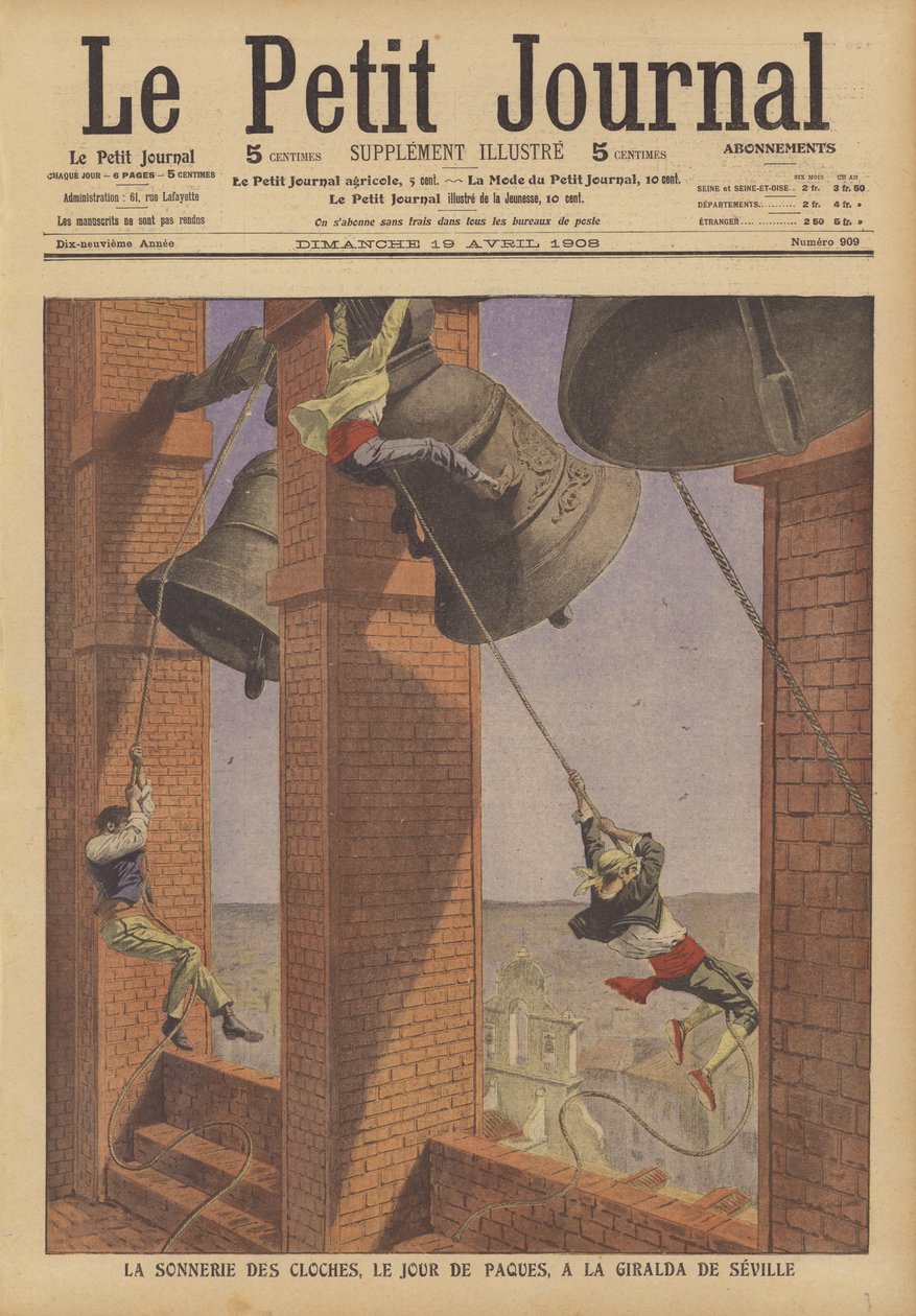 Repique de campanas de la Giralda, campanario de la Catedral de Sevilla, el Domingo de Resurrección (litografía en color) de French School