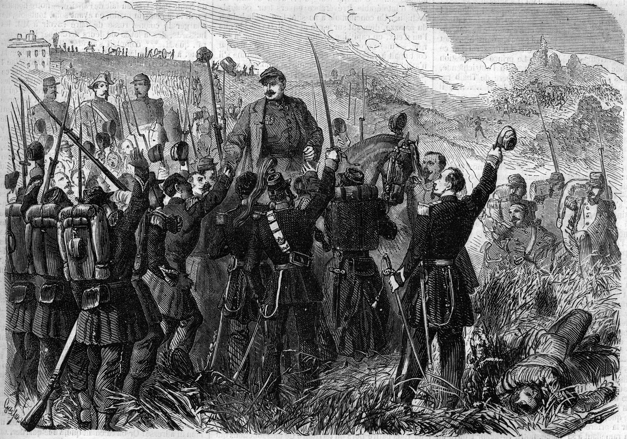 Risorgimento - Batalla de Montebello della Battaglia (Italia), 21 de mayo de 1859: el general francés Elie Frederic Forey (1804 - 1872), comandante del ejército italiano, fue triunfado por sus soldados después de su victoria sobre el ejército austríaco. Gr de French School
