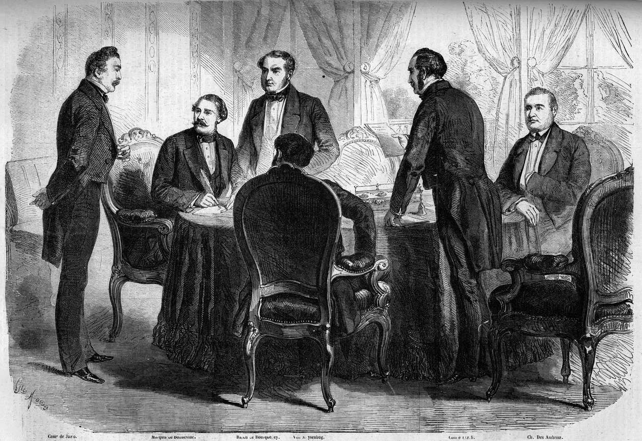 Risorgimento - Tratado de Zúrich - 10 de noviembre de 1859: firma del Tratado de Zúrich por los plenipotenciarios de Francia, Austria y Cerdeña. Austria debe abandonar Lombardía a Italia. Grabado en “Le Monde Illustré” n°136 del 19 de noviembre de 1859. de French School