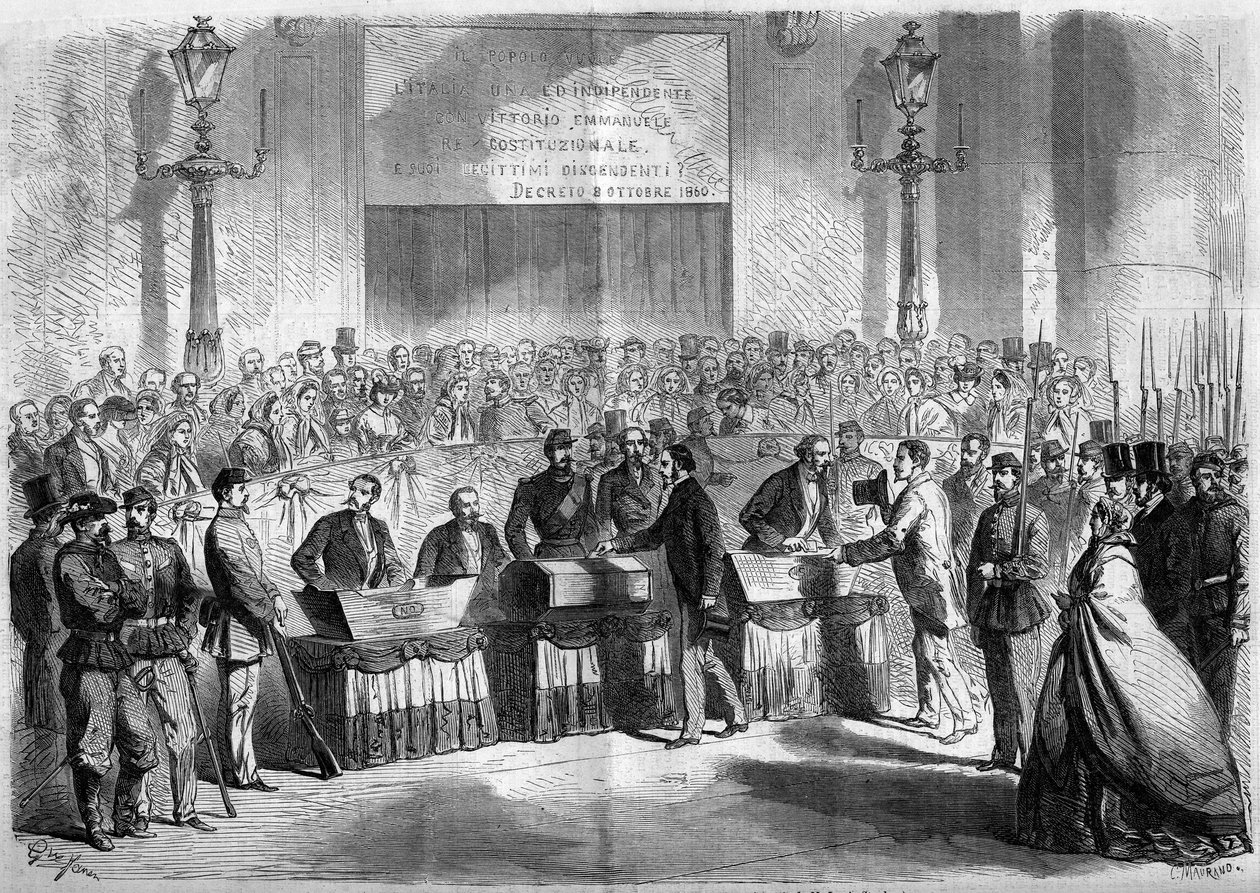 Risorgimento, Nápoles, 21 de octubre de 1860: voto de la población en la iglesia de San Francisco de Paula sobre la anexión de la ciudad al Reino de Italia. Grabado en “Le Monde Illustré” n°188 del 17 de noviembre de 1860. de French School