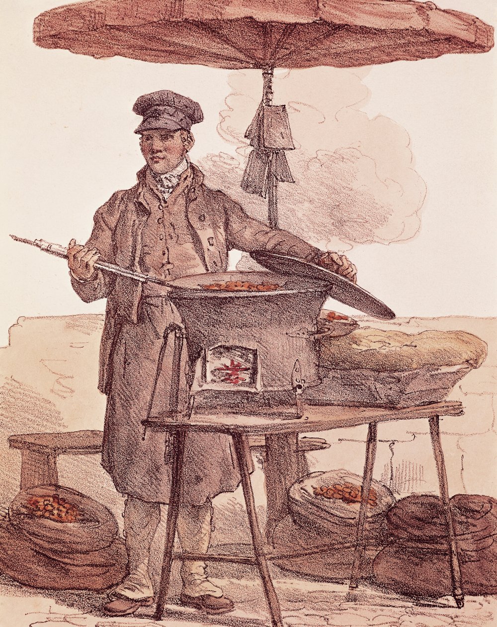 Vendedor de castañas asadas, grabado, Francia de French School